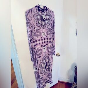 Sheer overlay graphic design, full length, long sleeve dress